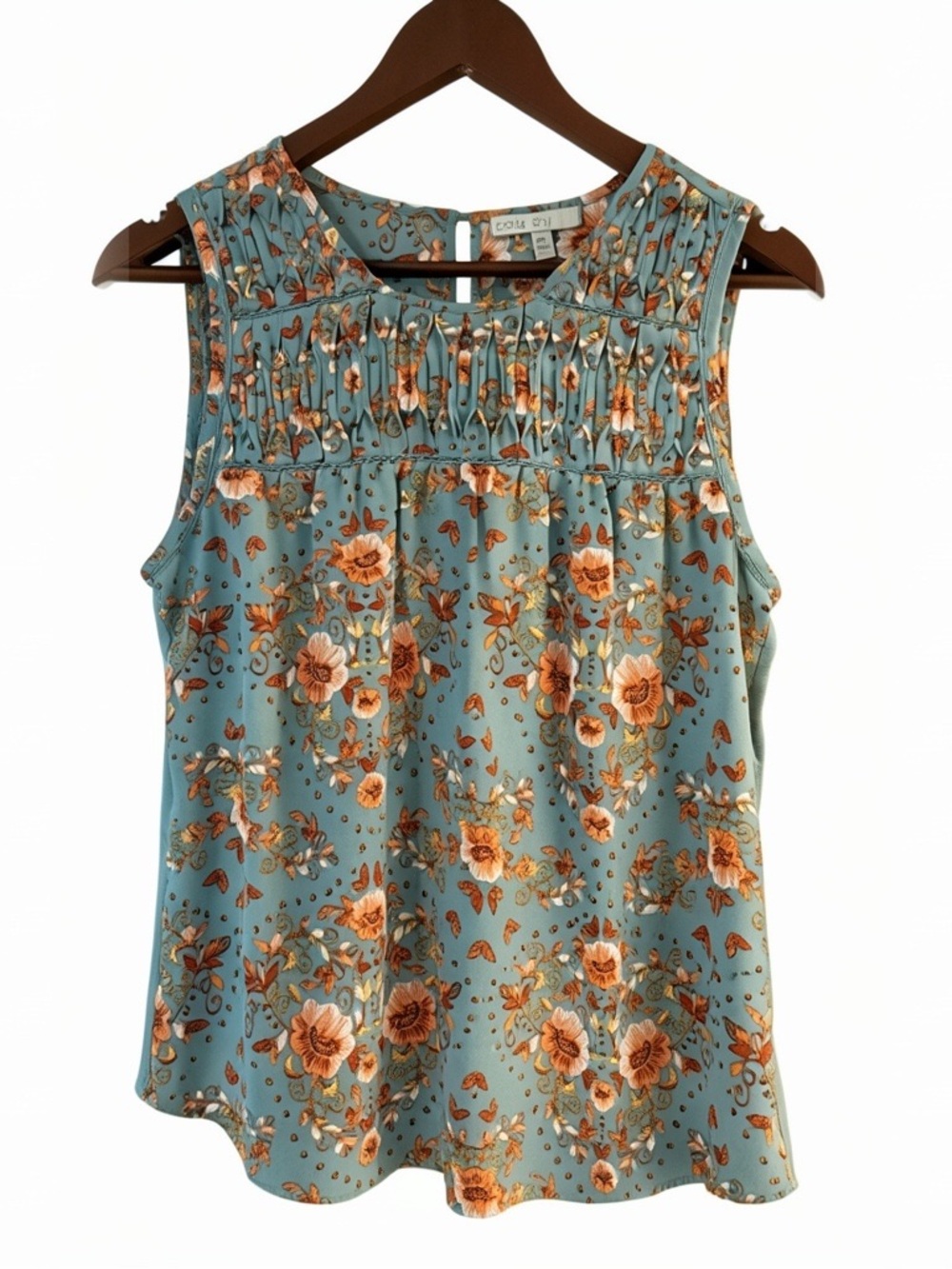 Daniel Rainn Pale Sky Smocked Floral Sleeveless Top PM